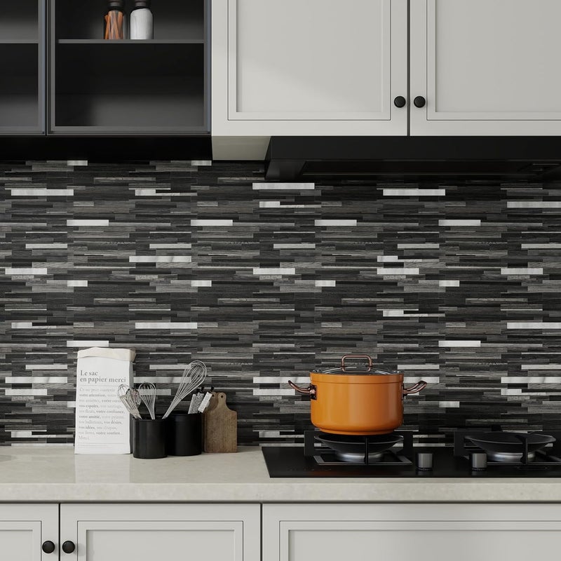 V-MOZZA Black Mixed Silver Peel and Stick Modern Geometric PVC Kitchen Wall Backsplash, 20 Sheets, 9.4 sq ft Coverage - Image 5